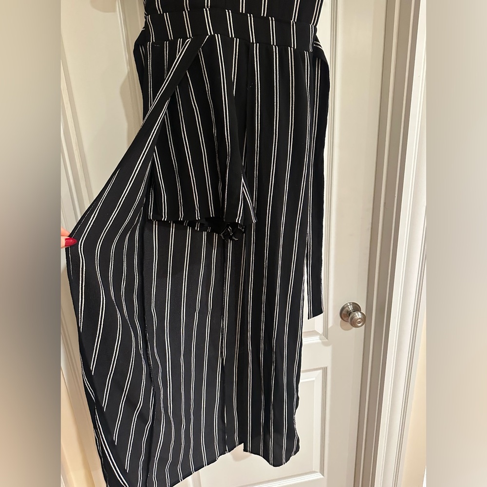Crystal Doll Elegant Black and White Striped Overlay Hem Romper - Picture 3 of 8